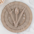 72 Pcs Plastic Silverware Set in Baroque Style Taupe - Heavy Duty Disposable Knife, Fork, and Spoon Set - Bell Racket Store