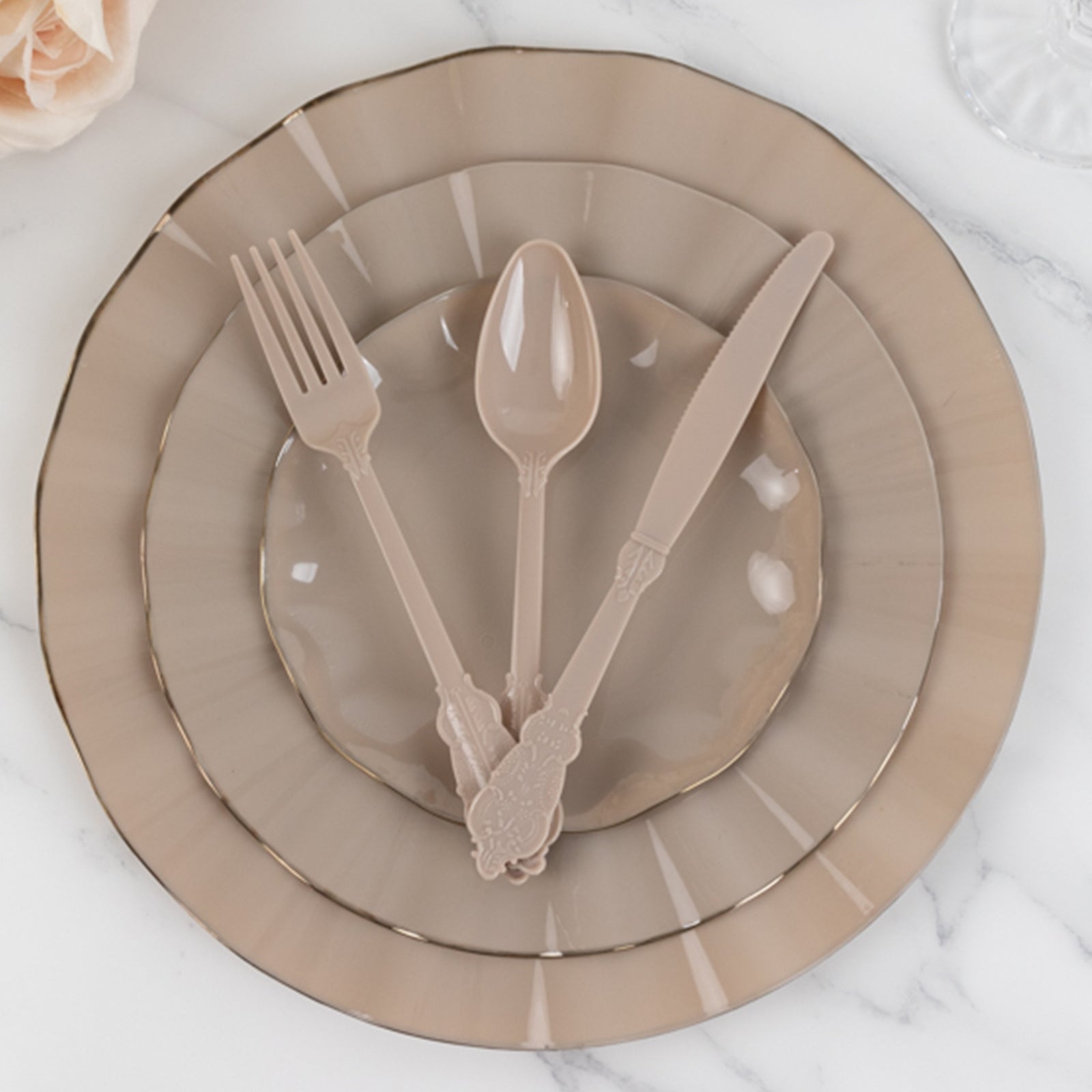 72 Pcs Plastic Silverware Set in Baroque Style Taupe - Heavy Duty Disposable Knife, Fork, and Spoon Set - Bell Racket Store