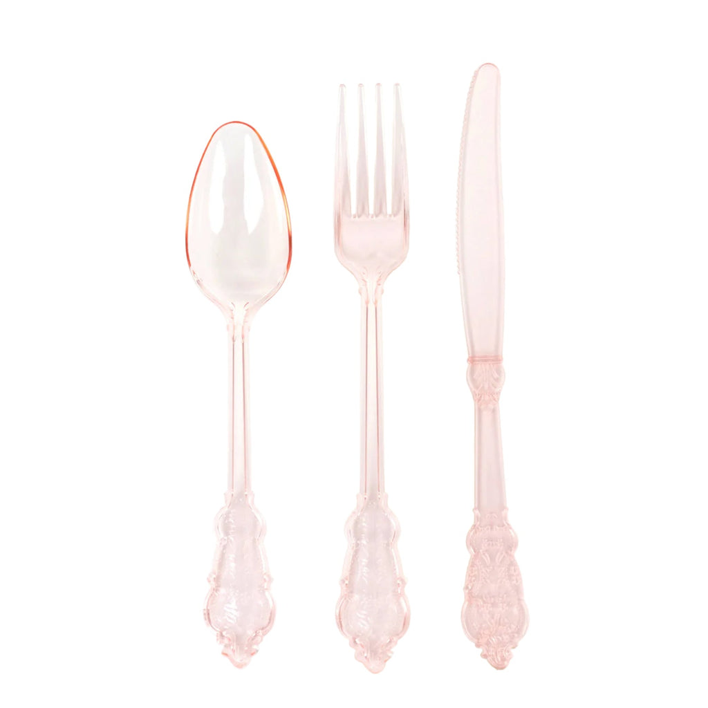 72 Pcs Plastic Silverware Set in Baroque Style Transparent Blush - Heavy Duty Disposable Knife, Fork, and Spoon Set - Bell Racket Store