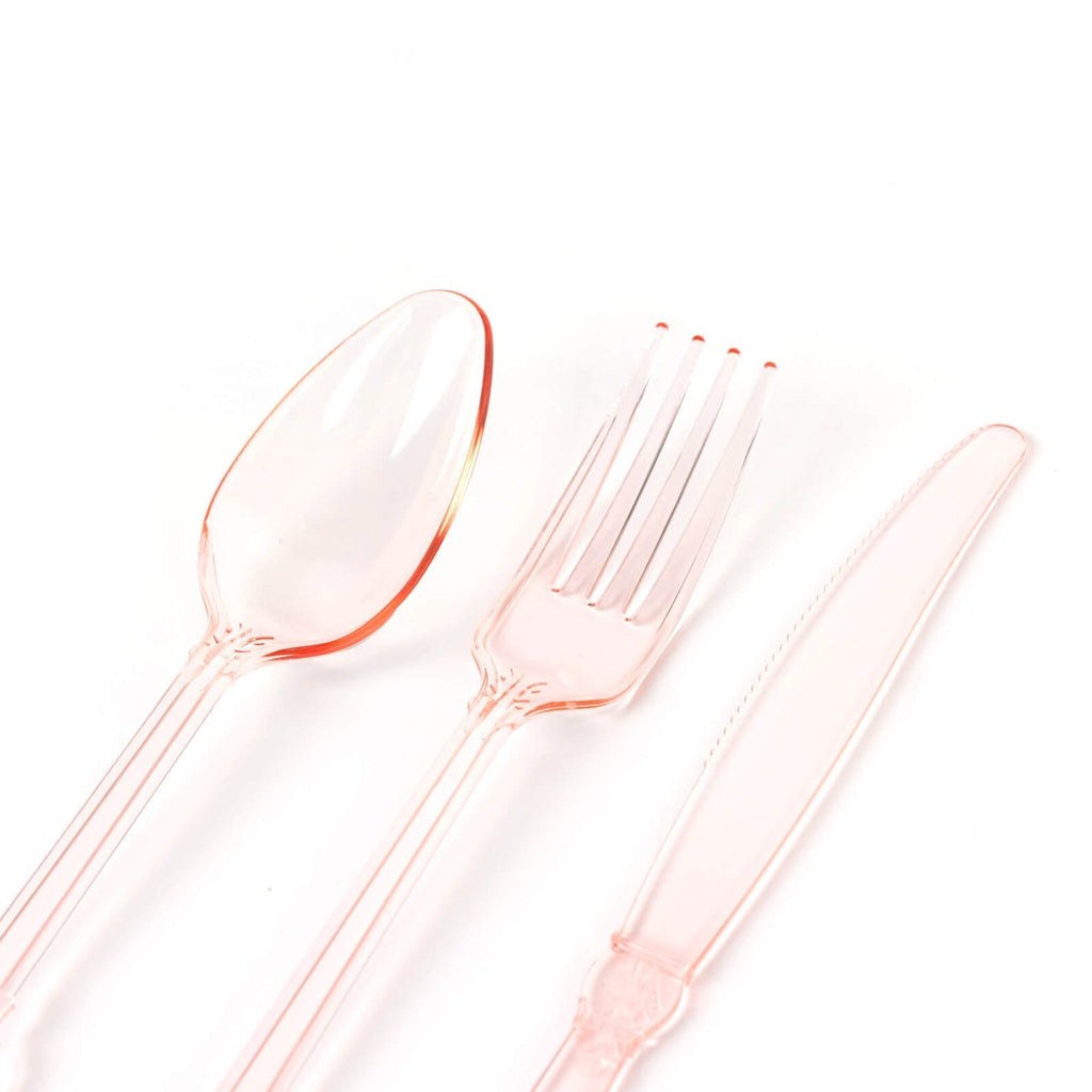 72 Pcs Plastic Silverware Set in Baroque Style Transparent Blush - Heavy Duty Disposable Knife, Fork, and Spoon Set - Bell Racket Store