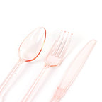 72 Pcs Plastic Silverware Set in Baroque Style Transparent Blush - Heavy Duty Disposable Knife, Fork, and Spoon Set - Bell Racket Store