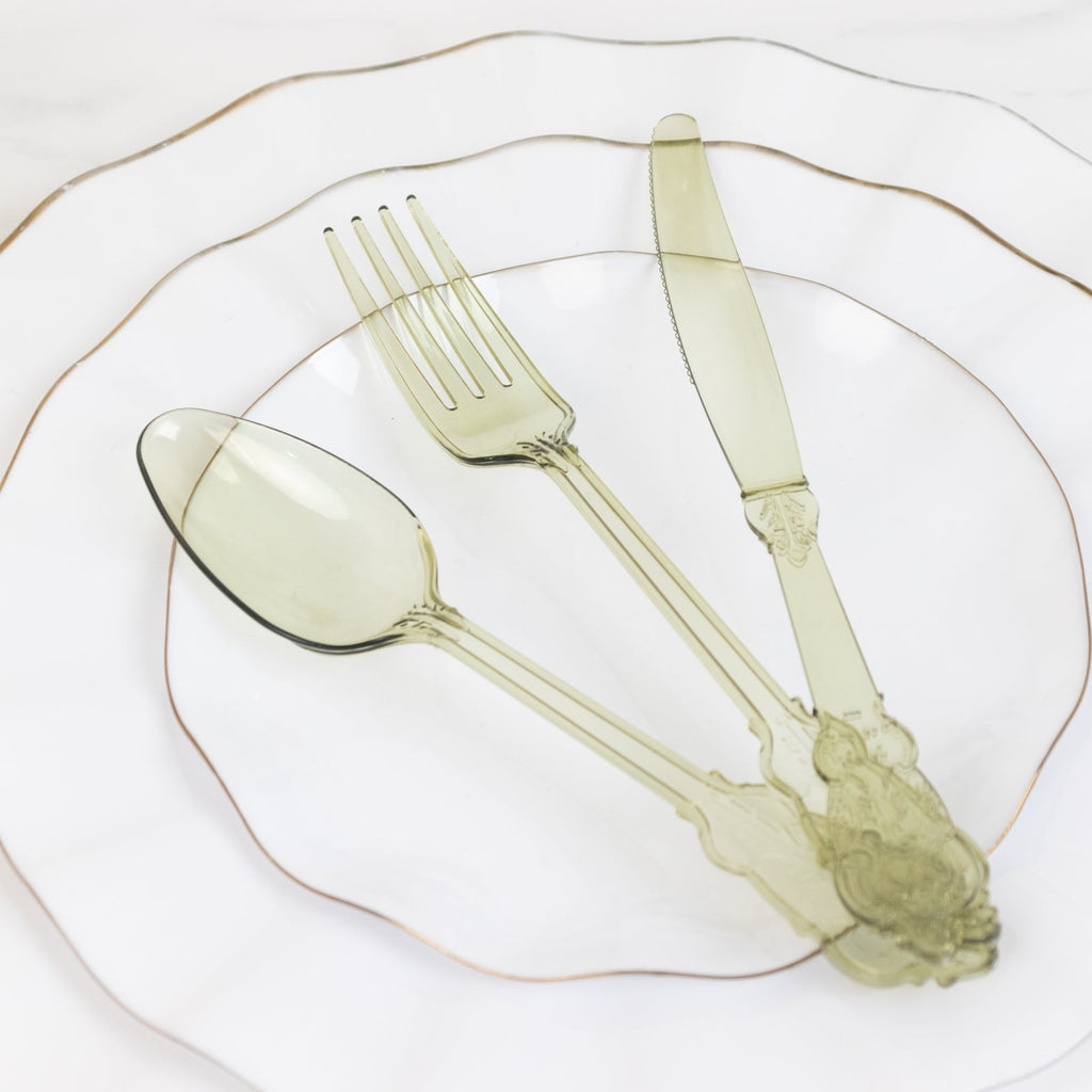72 Pcs Plastic Silverware Set in Baroque Style Transparent Dusty Sage Green - Heavy Duty Disposable Knife, Fork, and Spoon Set - Bell Racket Store