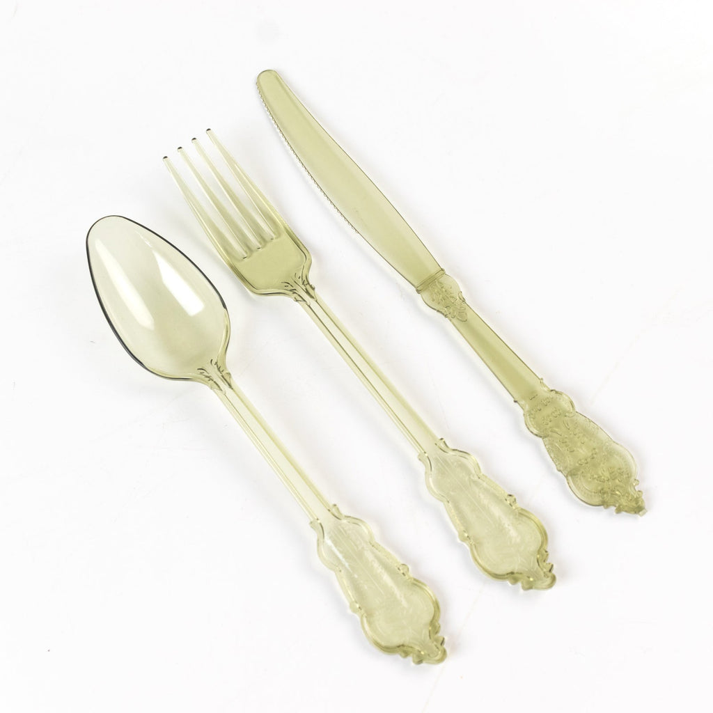 72 Pcs Plastic Silverware Set in Baroque Style Transparent Dusty Sage Green - Heavy Duty Disposable Knife, Fork, and Spoon Set - Bell Racket Store