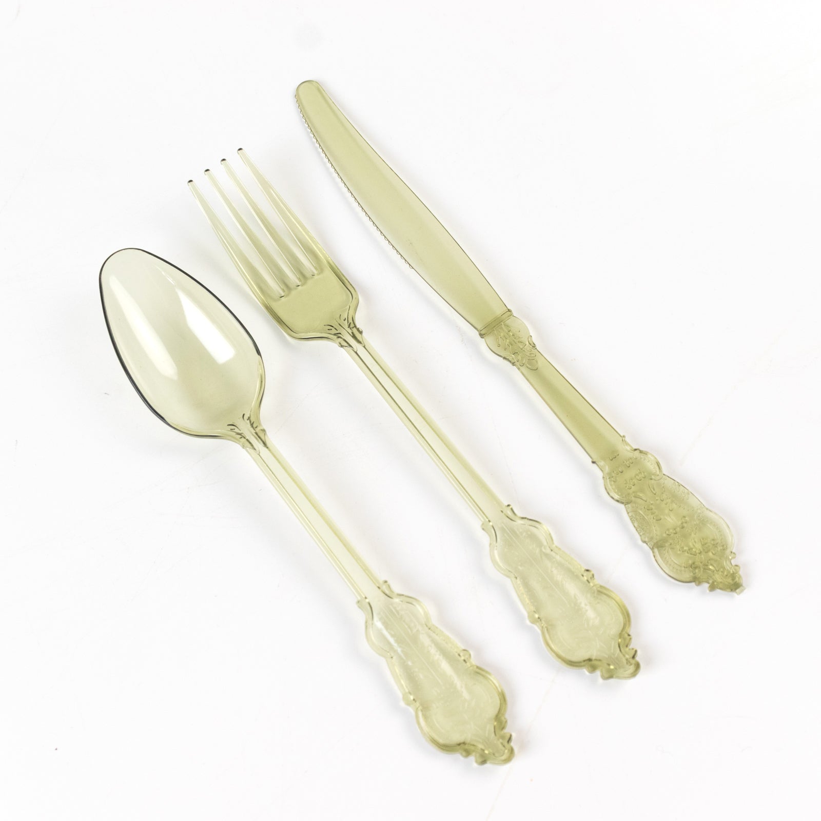 72 Pcs Plastic Silverware Set in Baroque Style Transparent Dusty Sage Green - Heavy Duty Disposable Knife, Fork, and Spoon Set - Bell Racket Store