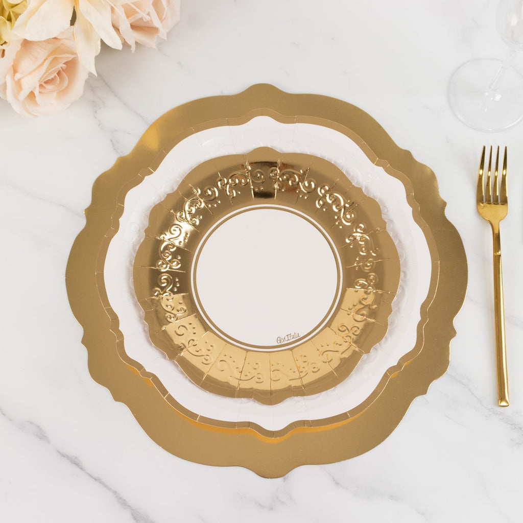 75 Pcs Paper Charger Plates with Gold Embossed Scalloped Rim White - Heavy Duty Disposable Dinner and Salad Plates 8",10",13" - Bell Racket Store