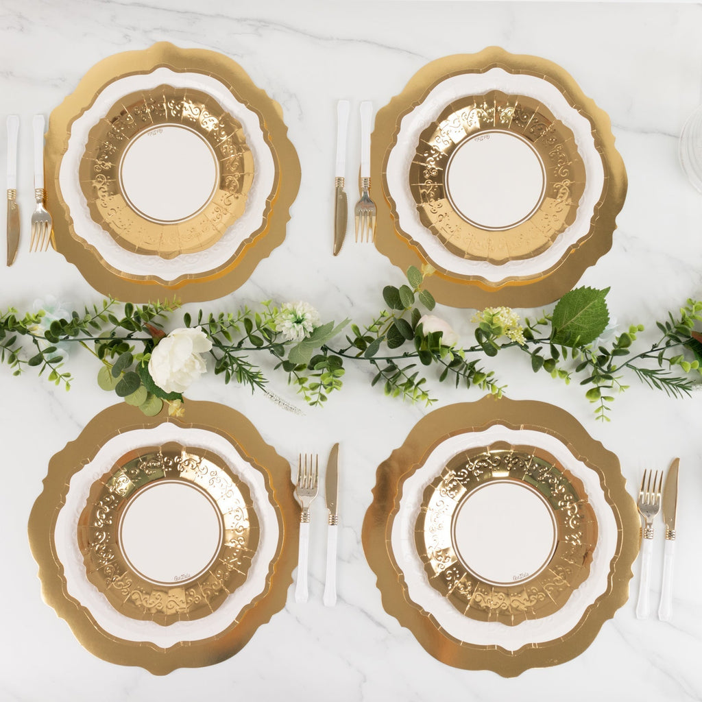 75 Pcs Paper Charger Plates with Gold Embossed Scalloped Rim White - Heavy Duty Disposable Dinner and Salad Plates 8",10",13" - Bell Racket Store