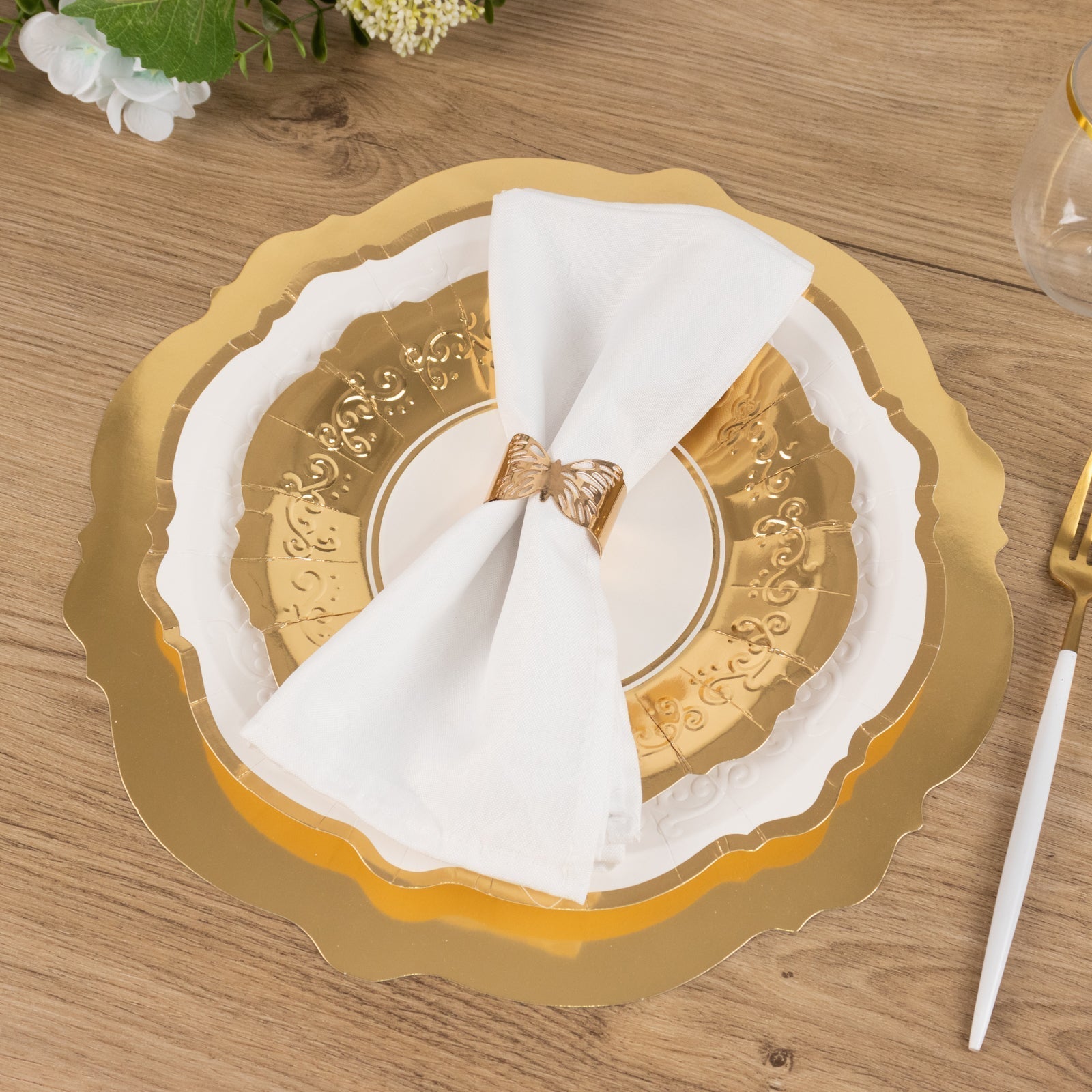 75 Pcs Paper Charger Plates with Gold Embossed Scalloped Rim White - Heavy Duty Disposable Dinner and Salad Plates 8",10",13" - Bell Racket Store