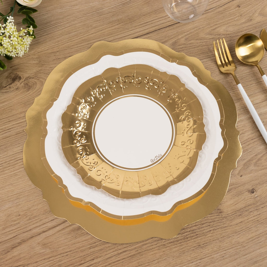 75 Pcs Paper Charger Plates with Gold Embossed Scalloped Rim White - Heavy Duty Disposable Dinner and Salad Plates 8",10",13" - Bell Racket Store