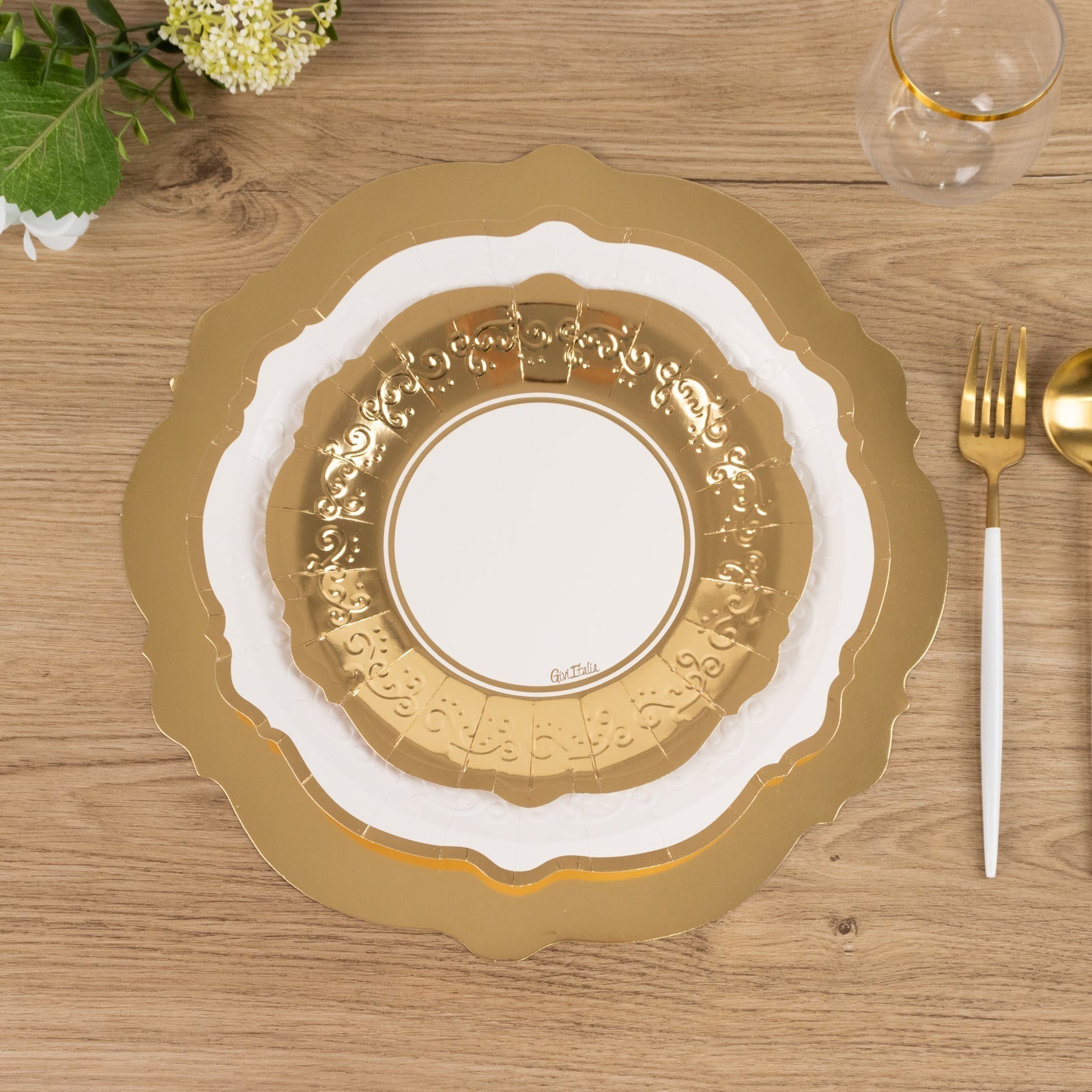 75 Pcs Paper Charger Plates with Gold Embossed Scalloped Rim White - Heavy Duty Disposable Dinner and Salad Plates 8",10",13" - Bell Racket Store