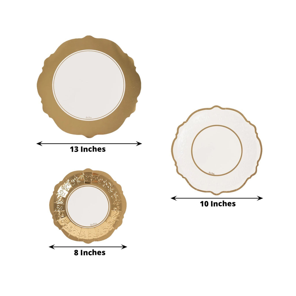 75 Pcs Paper Charger Plates with Gold Embossed Scalloped Rim White - Heavy Duty Disposable Dinner and Salad Plates 8",10",13" - Bell Racket Store