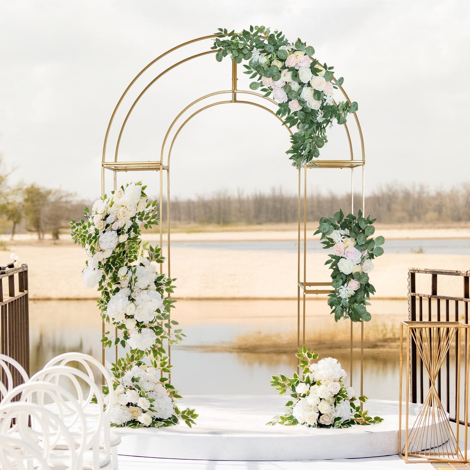 7.5ft Gold 3D Metal Wedding Arch Backdrop Stand with Round Top, Heavy - Duty Floral Balloon Frame for Elegant Parties - Bell Racket Store