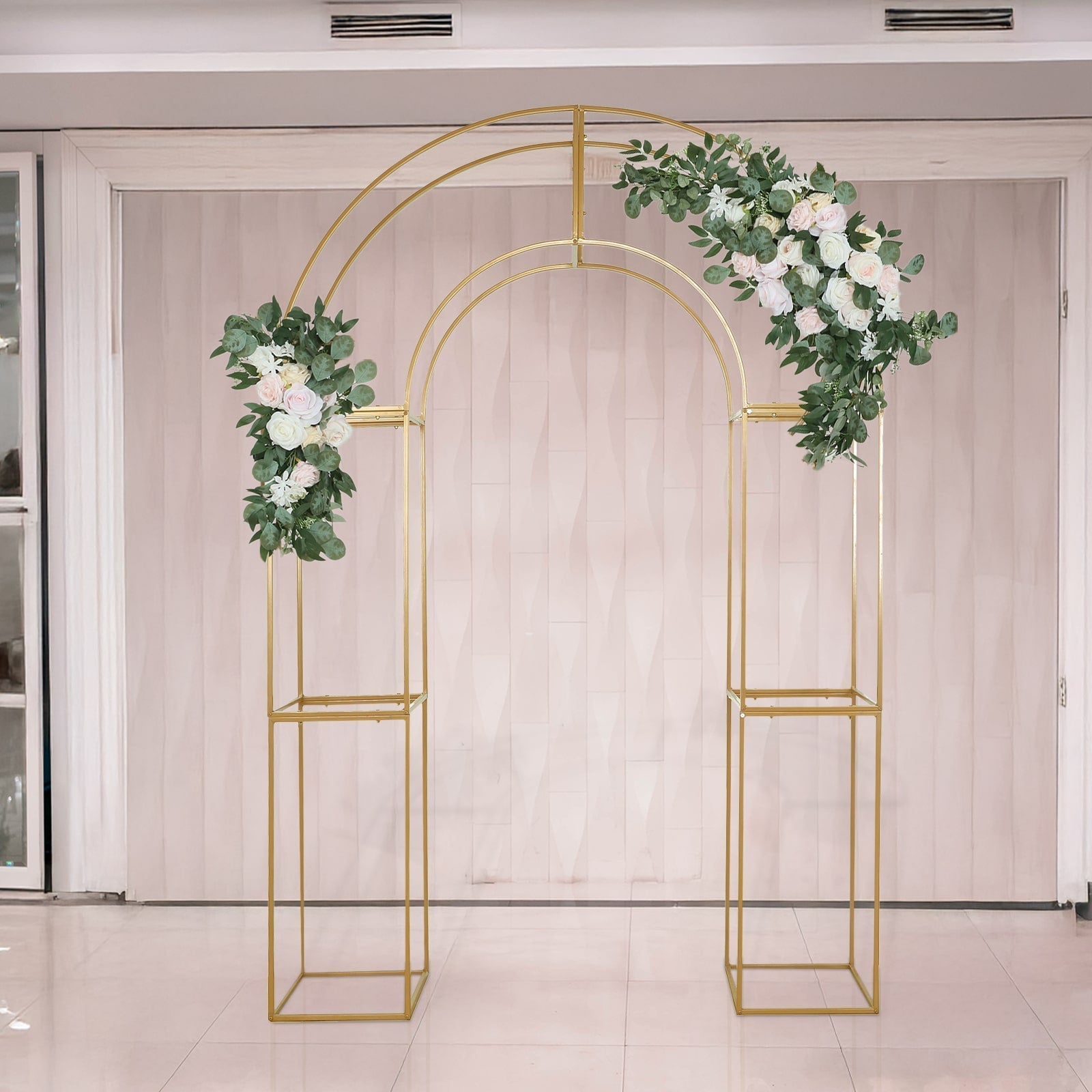 7.5ft Gold 3D Metal Wedding Arch Backdrop Stand with Round Top, Heavy - Duty Floral Balloon Frame for Elegant Parties - Bell Racket Store