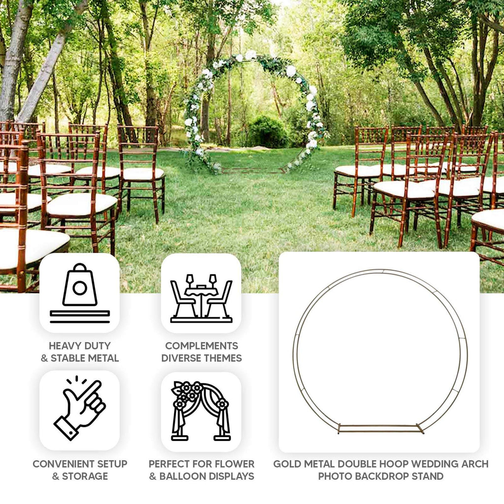 7.5ft Heavy Duty Gold Metal Round Wedding Arbor Floral Balloon Frame, Double Hoop Wedding Arch Photo Backdrop Stand - Bell Racket Store