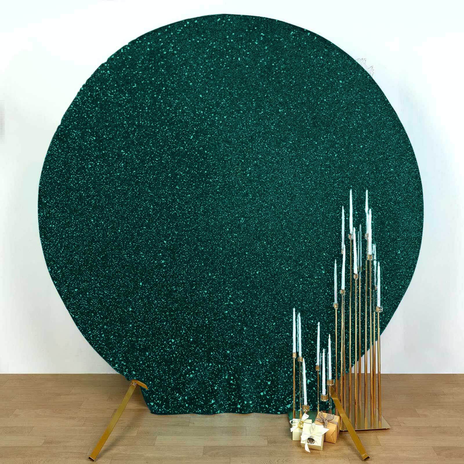 7.5ft Hunter Emerald Green Metallic Shimmer Tinsel Spandex Round Wedding Arch Cover, 2 - Sided Photo Backdrop - Bell Racket Store