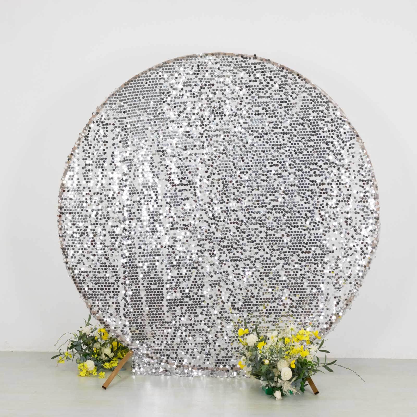 7.5ft Sparkly Silver Big Payette Sequin Wedding Arch Cover for Round Backdrop Stand - Bell Racket Store