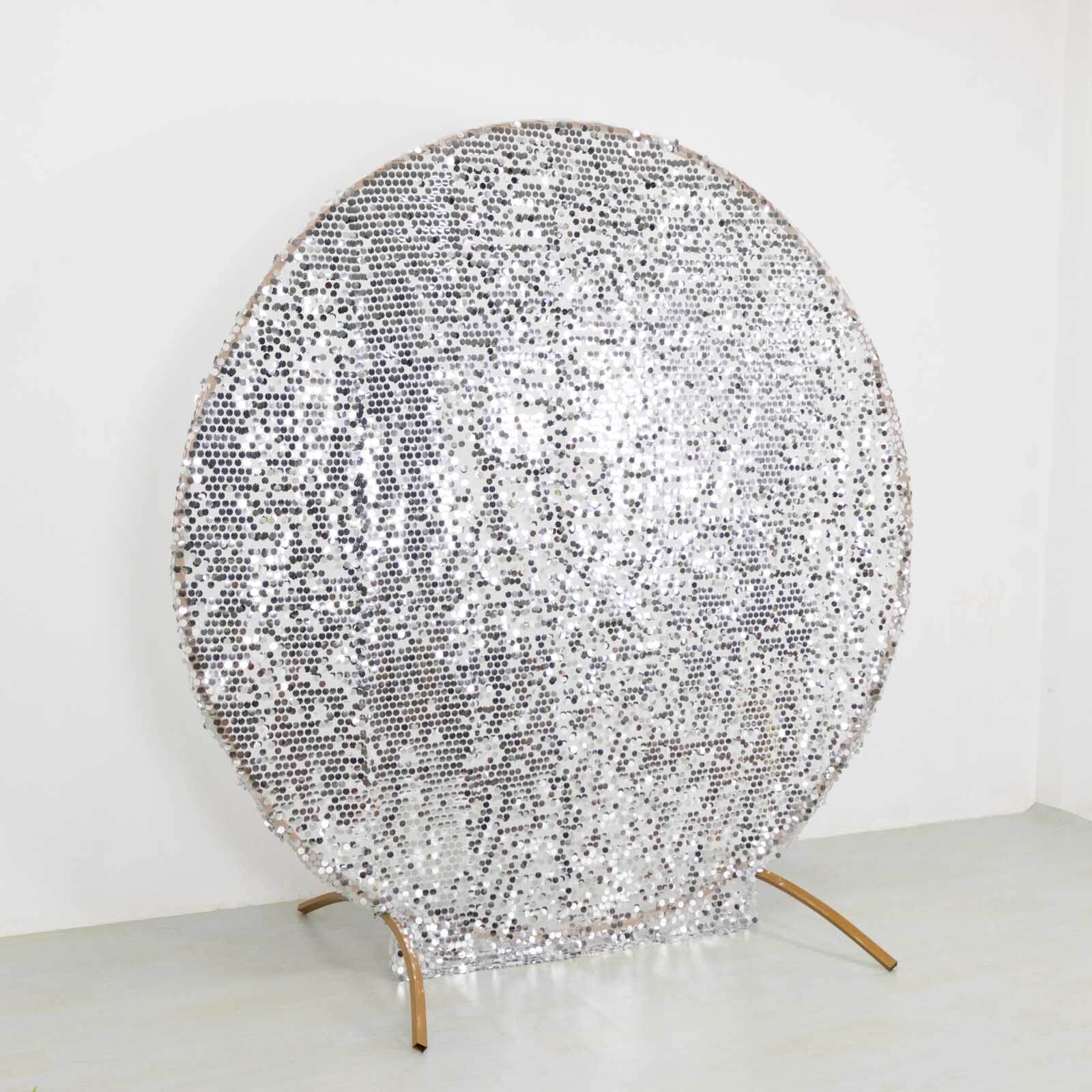 7.5ft Sparkly Silver Big Payette Sequin Wedding Arch Cover for Round Backdrop Stand - Bell Racket Store