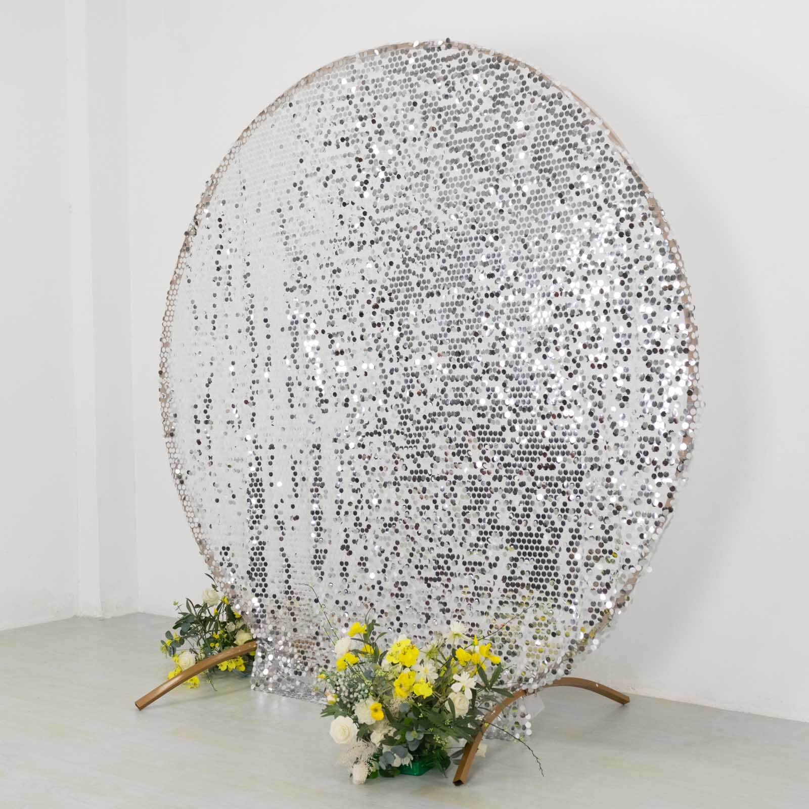 7.5ft Sparkly Silver Big Payette Sequin Wedding Arch Cover for Round Backdrop Stand - Bell Racket Store