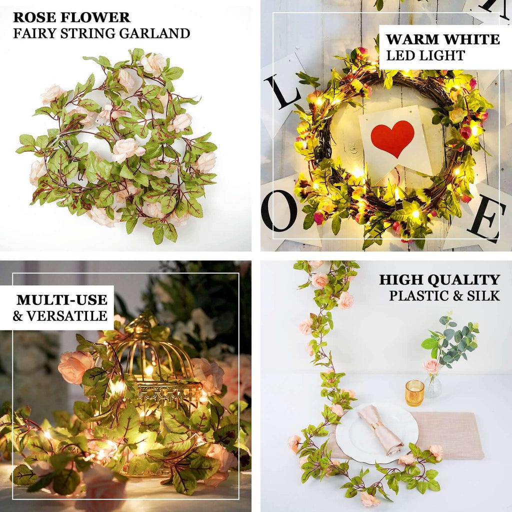 7ft 20 LED White Silk Rose Flower Garland Vine String Lights, Warm White Battery Operated - Bell Racket Store
