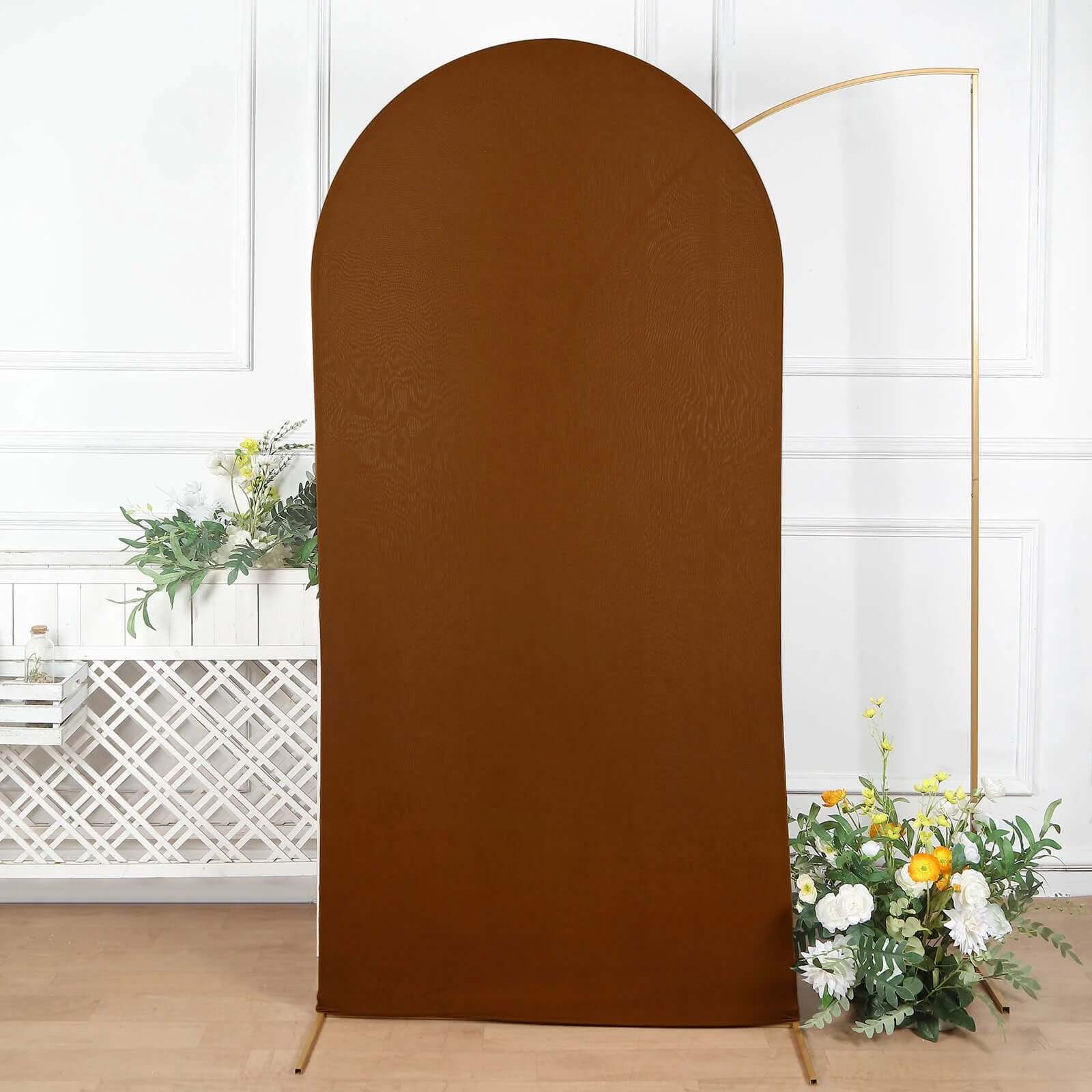 7ft Cinnamon Brown Spandex Fitted Chiara Backdrop Stand Cover For Round Top Wedding Arch - Bell Racket Store