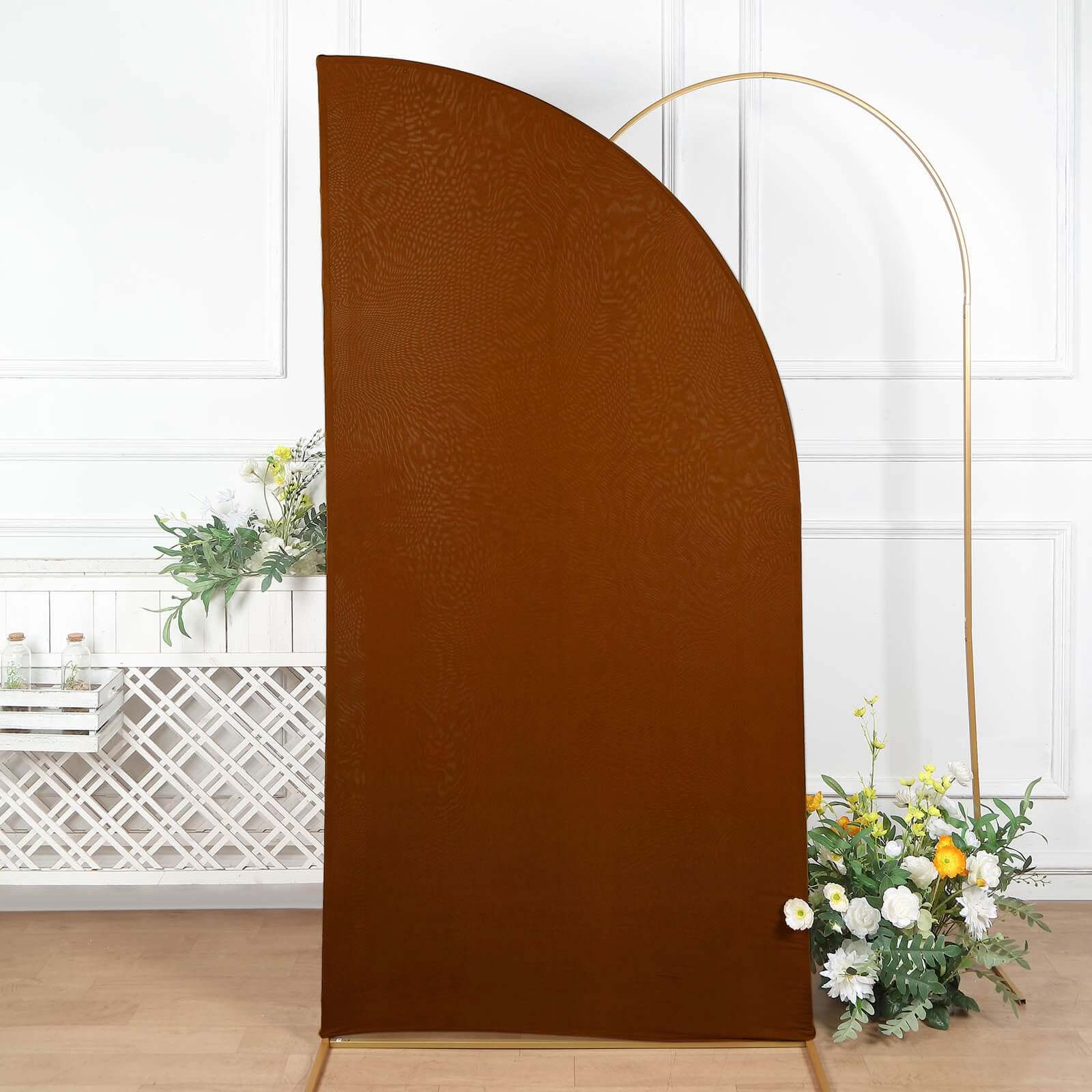 7ft Cinnamon Brown Spandex Half Moon Chiara Backdrop Stand Cover, Custom Fitted Wedding Arch Cover - Bell Racket Store