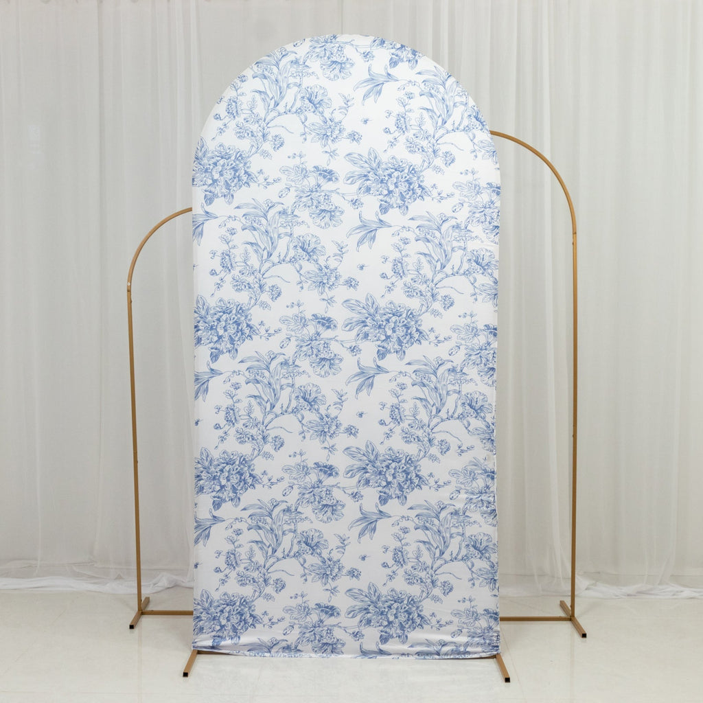 7ft Fitted Spandex Chiara Backdrop Cover â€“ French Toile Blue & White Floral Arch Slipcover for Round Top Wedding Stand - Bell Racket Store