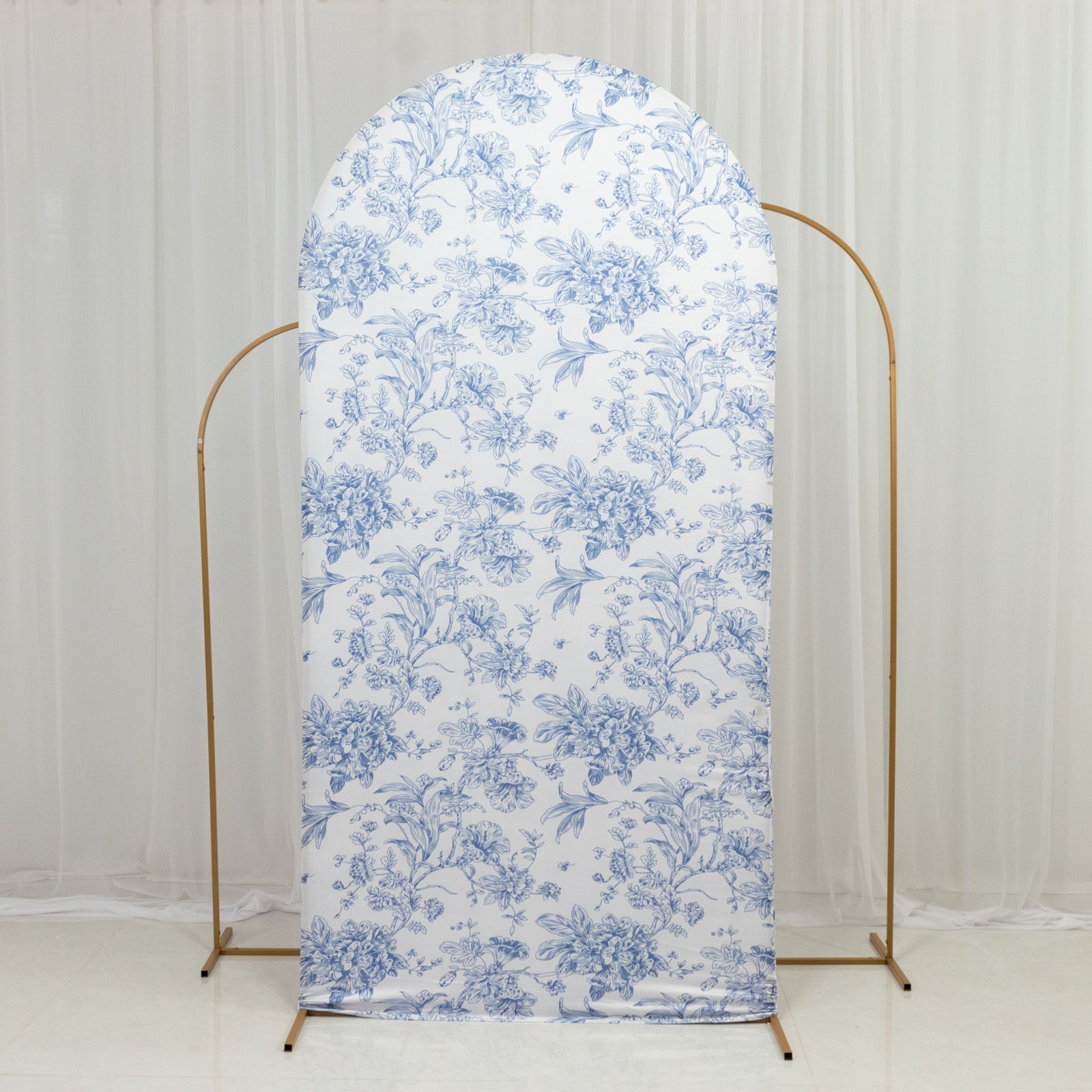 7ft Fitted Spandex Chiara Backdrop Cover â€“ French Toile Blue & White Floral Arch Slipcover for Round Top Wedding Stand - Bell Racket Store