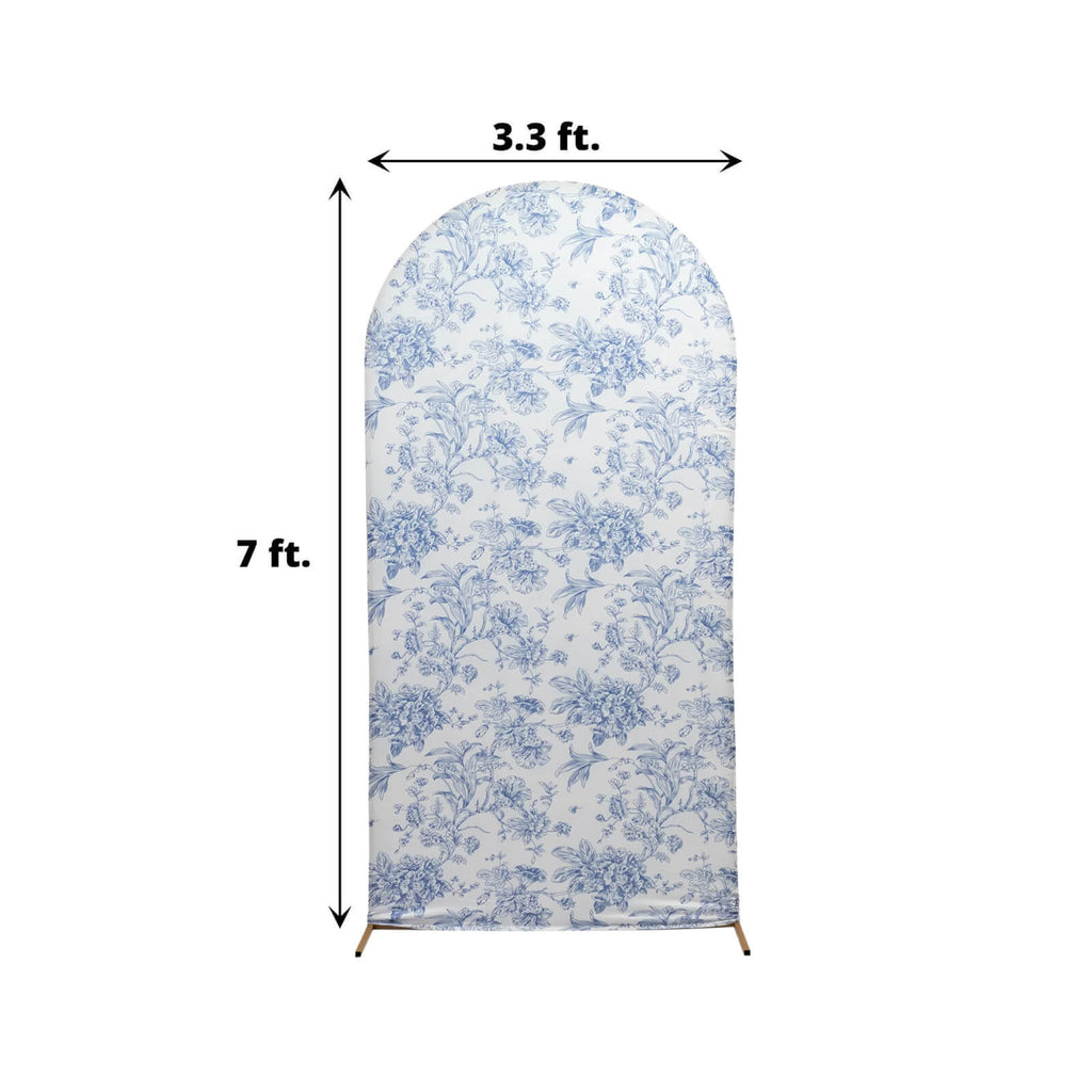 7ft Fitted Spandex Chiara Backdrop Cover â€“ French Toile Blue & White Floral Arch Slipcover for Round Top Wedding Stand - Bell Racket Store