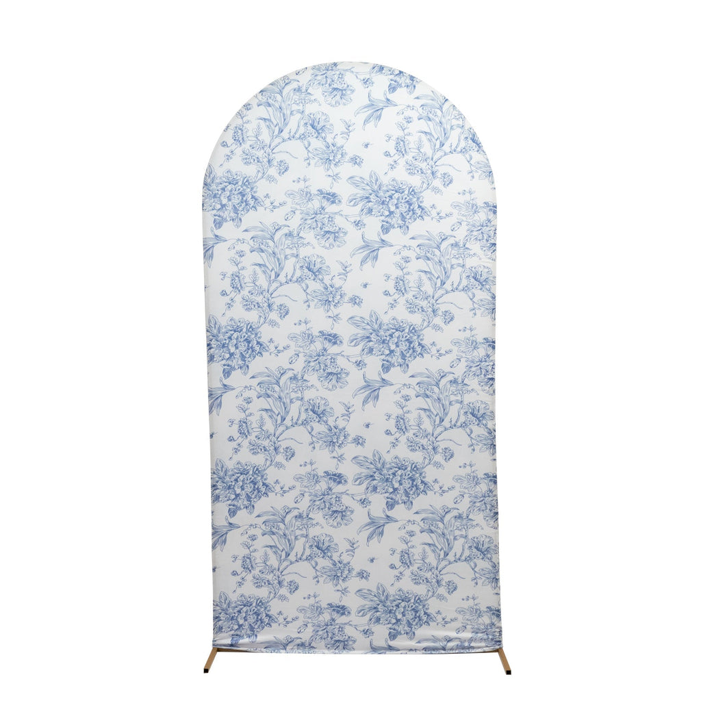 7ft Fitted Spandex Chiara Backdrop Cover â€“ French Toile Blue & White Floral Arch Slipcover for Round Top Wedding Stand - Bell Racket Store