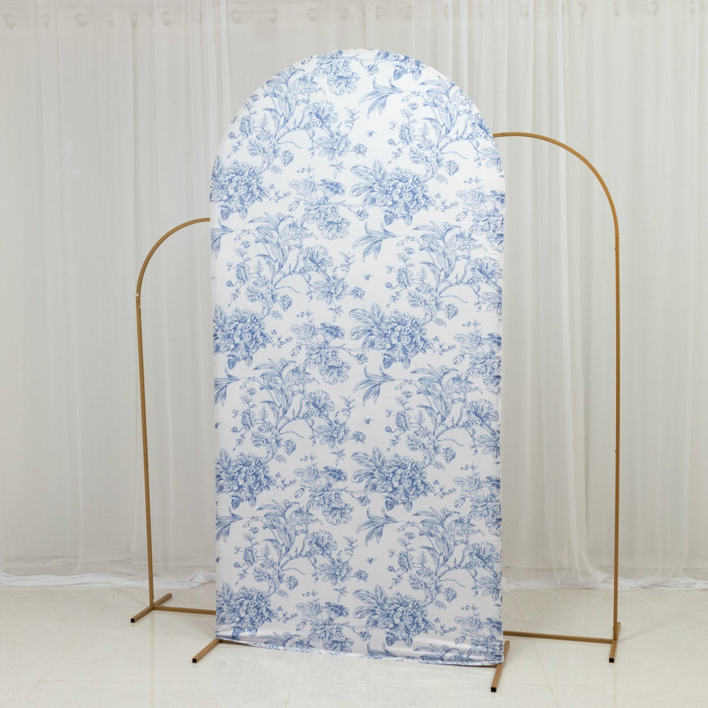 7ft Fitted Spandex Chiara Backdrop Cover â€“ French Toile Blue & White Floral Arch Slipcover for Round Top Wedding Stand - Bell Racket Store