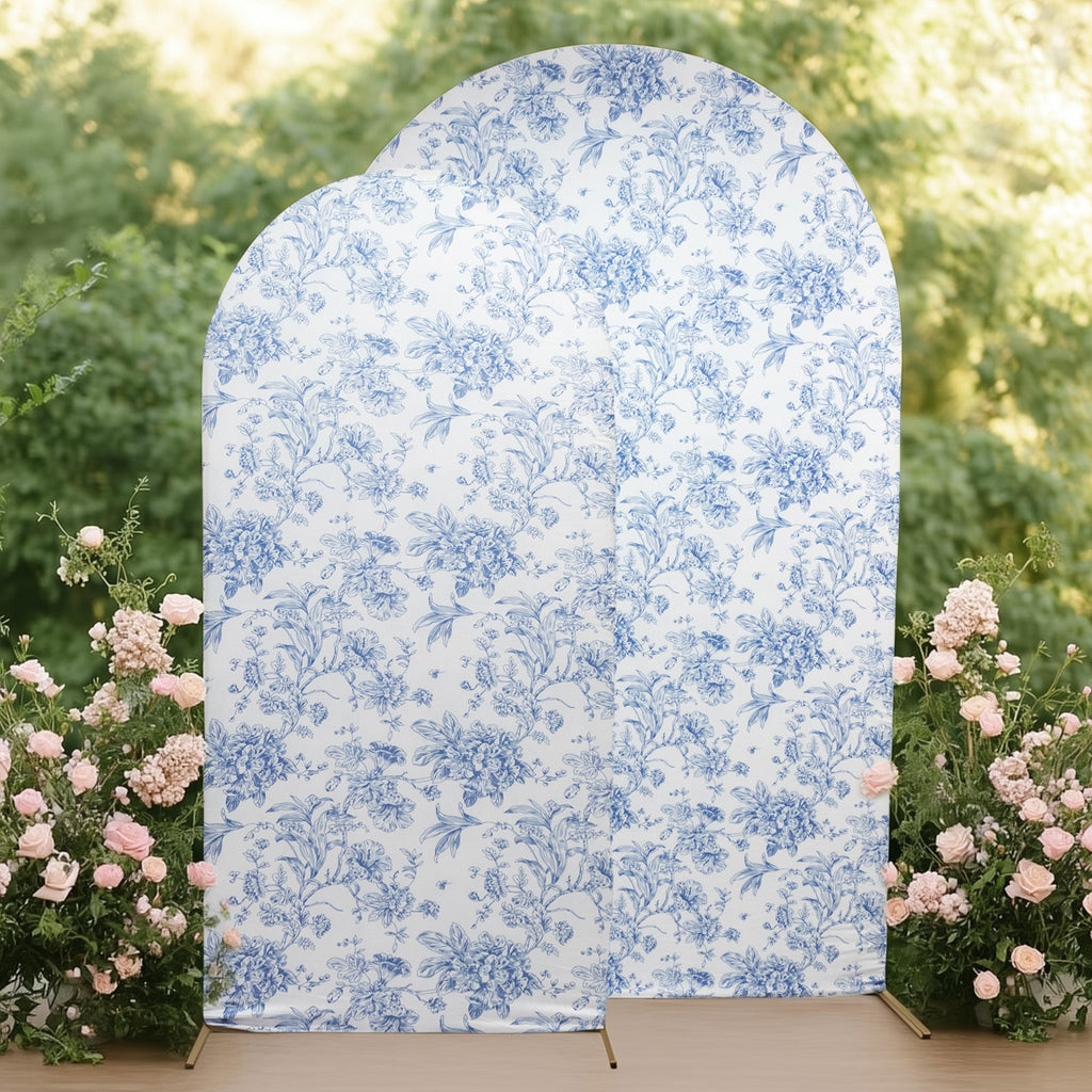 7ft Fitted Spandex Chiara Backdrop Cover â€“ French Toile Blue & White Floral Arch Slipcover for Round Top Wedding Stand - Bell Racket Store