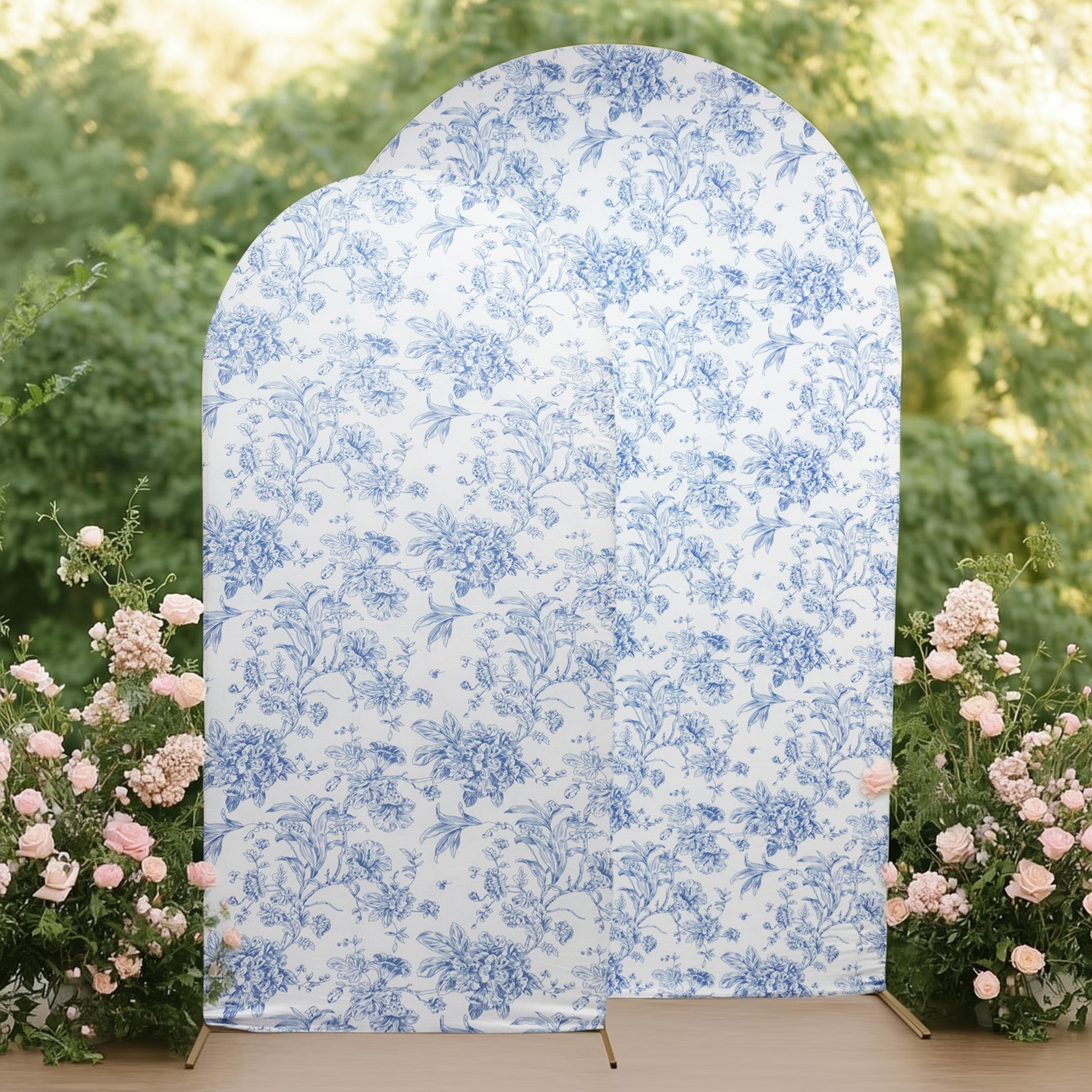 7ft Fitted Spandex Chiara Backdrop Cover â€“ French Toile Blue & White Floral Arch Slipcover for Round Top Wedding Stand - Bell Racket Store