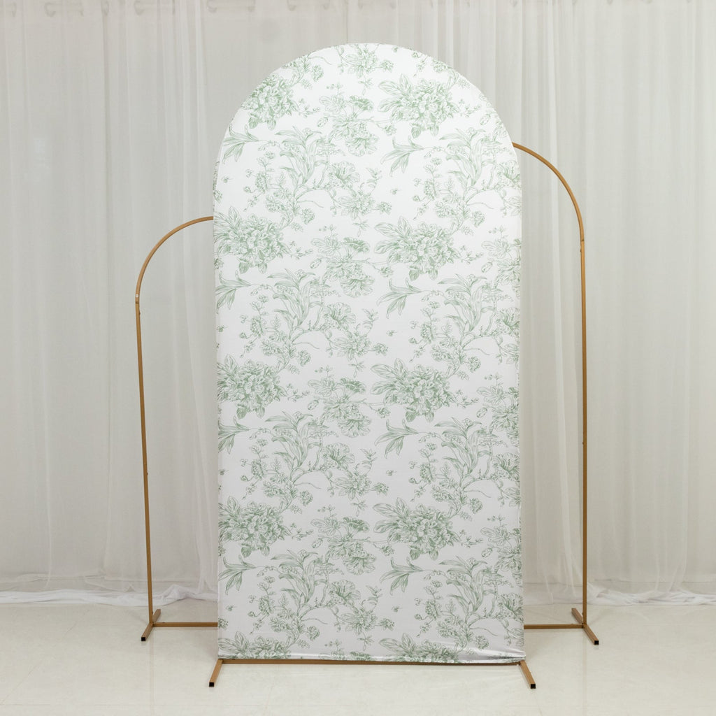 7ft Fitted Spandex Chiara Backdrop Cover â€“ French Toile Dusty Sage Green & White Floral Arch Slipcover for Round Top Wedding Stand - Bell Racket Store