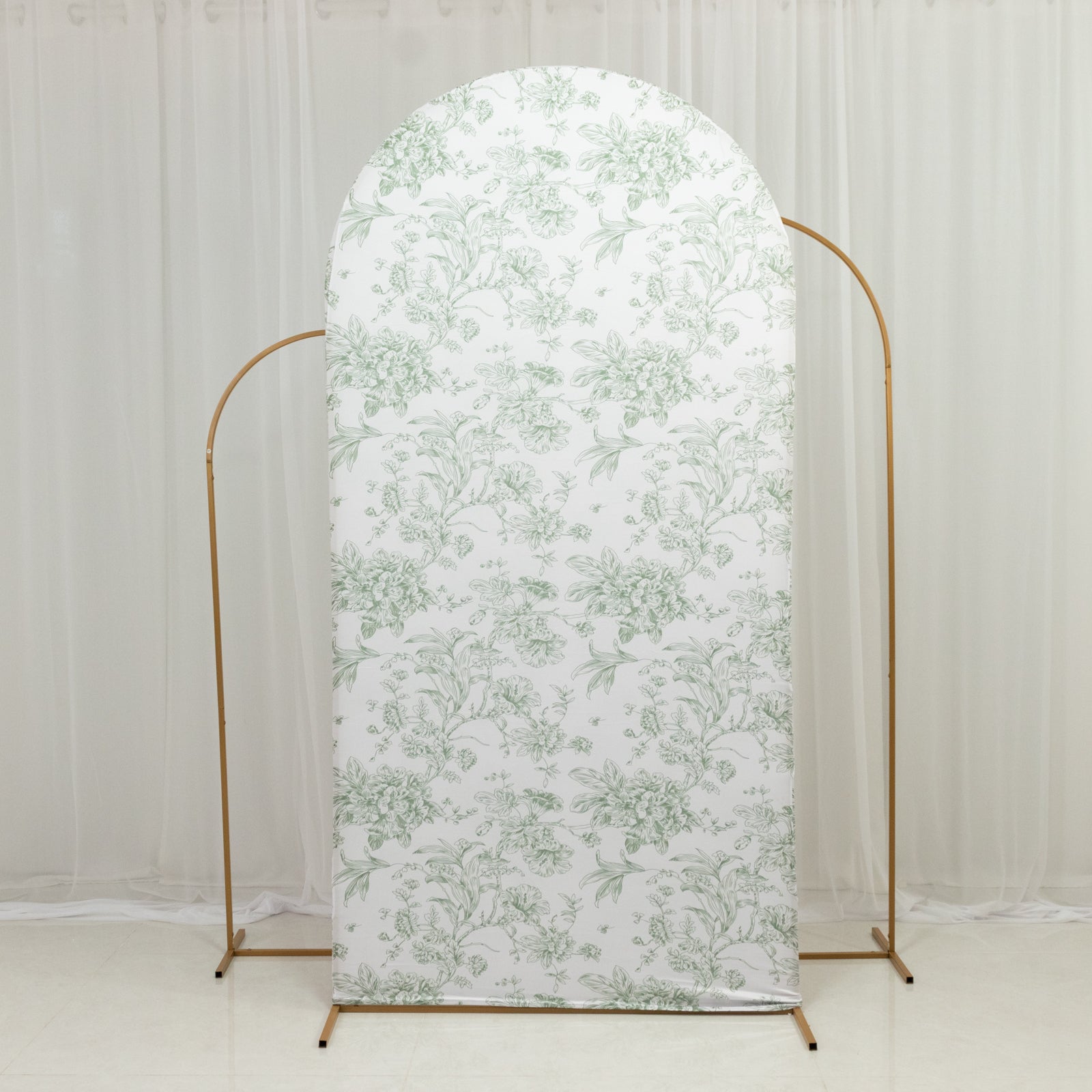 7ft Fitted Spandex Chiara Backdrop Cover â€“ French Toile Dusty Sage Green & White Floral Arch Slipcover for Round Top Wedding Stand - Bell Racket Store