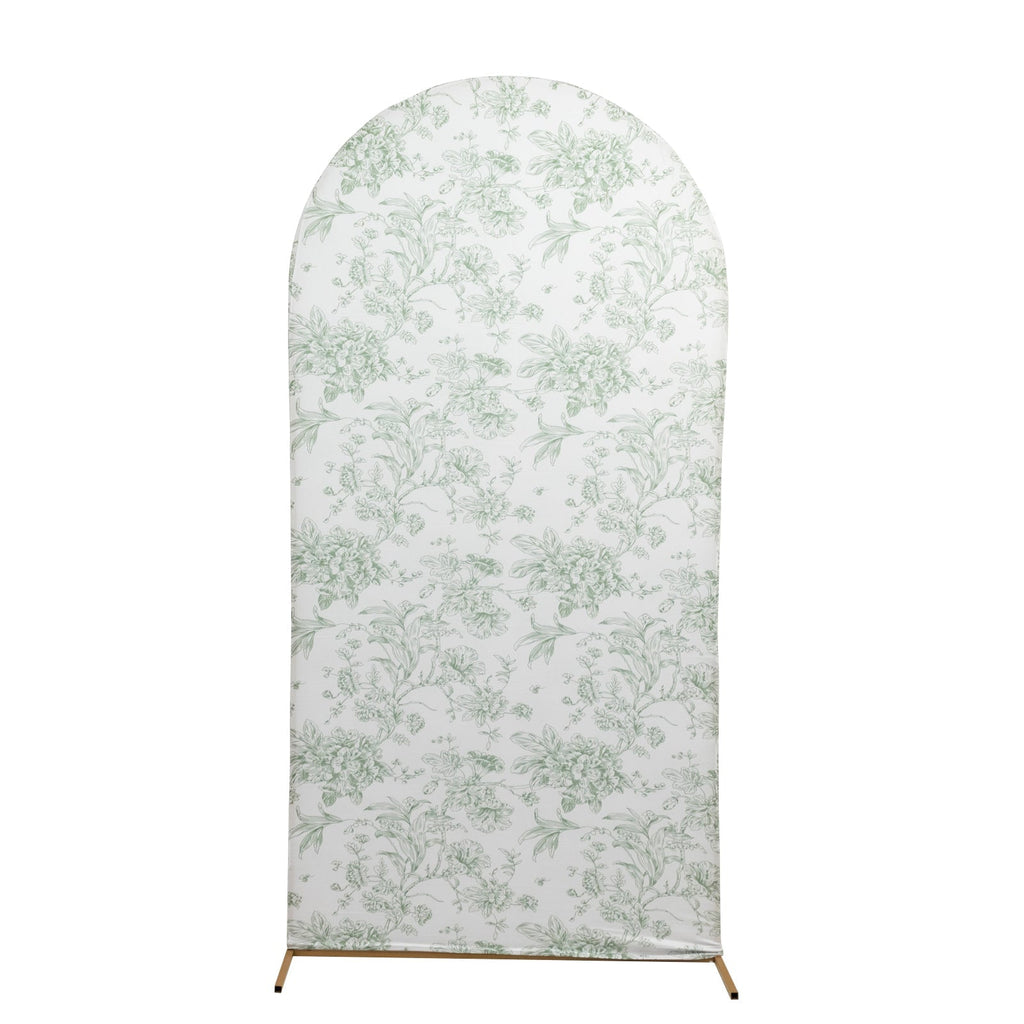 7ft Fitted Spandex Chiara Backdrop Cover â€“ French Toile Dusty Sage Green & White Floral Arch Slipcover for Round Top Wedding Stand - Bell Racket Store
