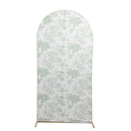 7ft Fitted Spandex Chiara Backdrop Cover â€“ French Toile Dusty Sage Green & White Floral Arch Slipcover for Round Top Wedding Stand - Bell Racket Store