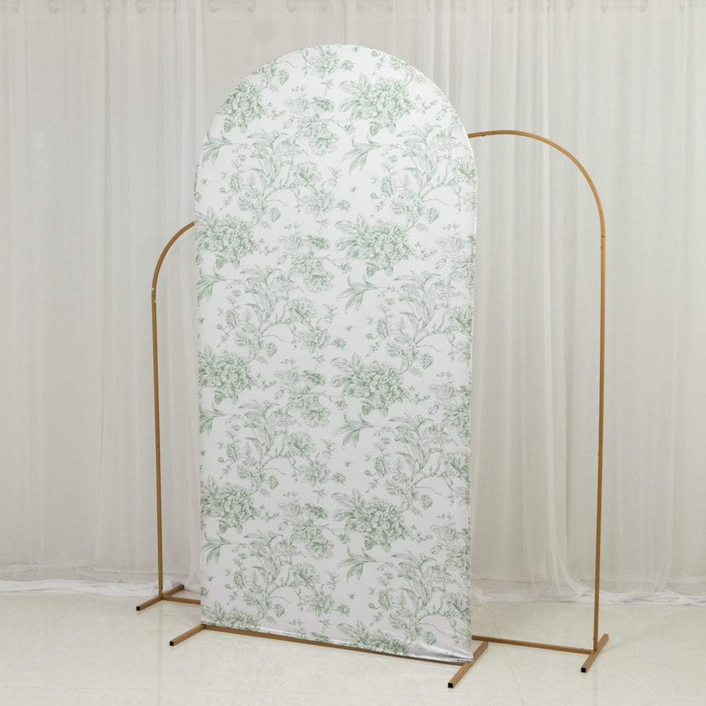 7ft Fitted Spandex Chiara Backdrop Cover â€“ French Toile Dusty Sage Green & White Floral Arch Slipcover for Round Top Wedding Stand - Bell Racket Store