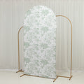 7ft Fitted Spandex Chiara Backdrop Cover â€“ French Toile Dusty Sage Green & White Floral Arch Slipcover for Round Top Wedding Stand - Bell Racket Store
