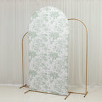7ft Fitted Spandex Chiara Backdrop Cover â€“ French Toile Dusty Sage Green & White Floral Arch Slipcover for Round Top Wedding Stand - Bell Racket Store