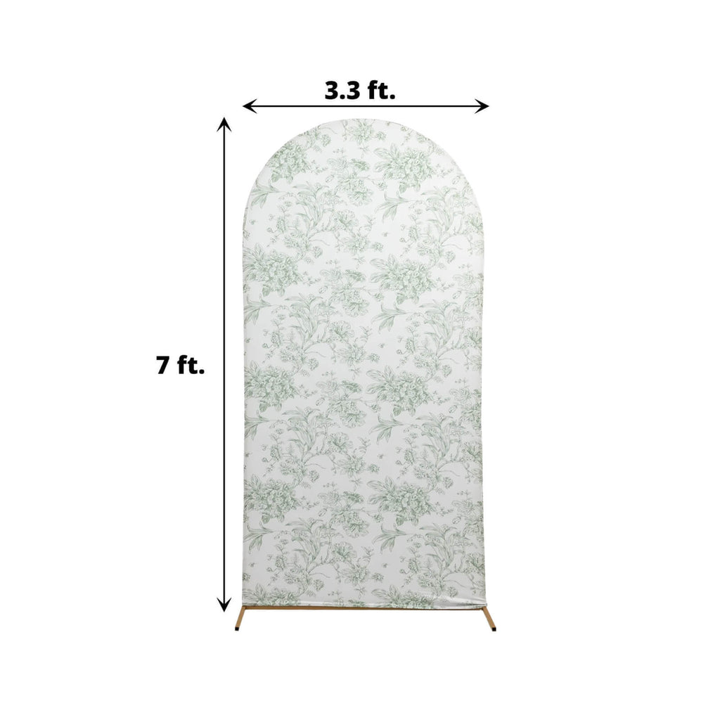 7ft Fitted Spandex Chiara Backdrop Cover â€“ French Toile Dusty Sage Green & White Floral Arch Slipcover for Round Top Wedding Stand - Bell Racket Store