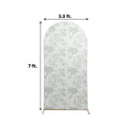 7ft Fitted Spandex Chiara Backdrop Cover â€“ French Toile Dusty Sage Green & White Floral Arch Slipcover for Round Top Wedding Stand - Bell Racket Store