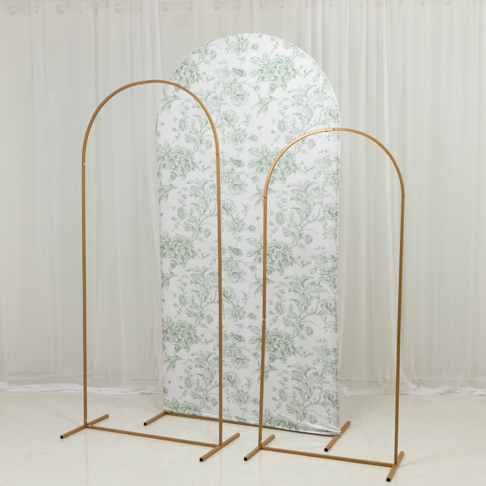 7ft Fitted Spandex Chiara Backdrop Cover â€“ French Toile Dusty Sage Green & White Floral Arch Slipcover for Round Top Wedding Stand - Bell Racket Store