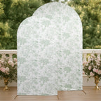7ft Fitted Spandex Chiara Backdrop Cover â€“ French Toile Dusty Sage Green & White Floral Arch Slipcover for Round Top Wedding Stand - Bell Racket Store
