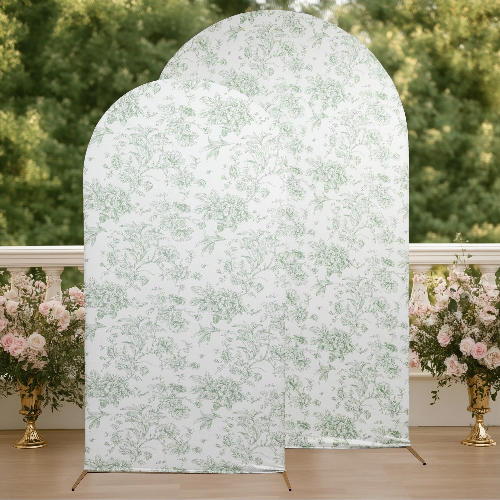 7ft Fitted Spandex Chiara Backdrop Cover â€“ French Toile Dusty Sage Green & White Floral Arch Slipcover for Round Top Wedding Stand - Bell Racket Store