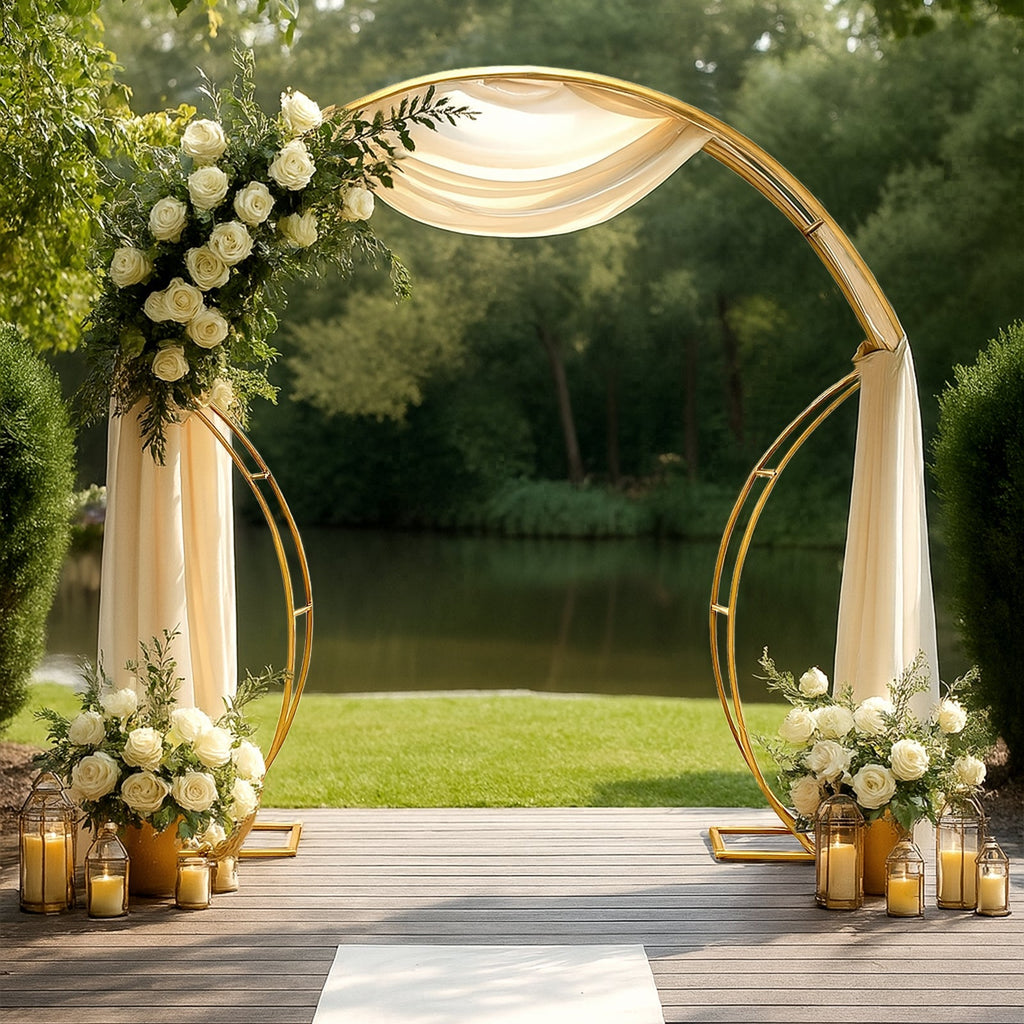 7ft Gold Double - Curved Metal Arch Frame â€“ Backdrop, Balloon & Flower Arrangement Display Stand - Bell Racket Store