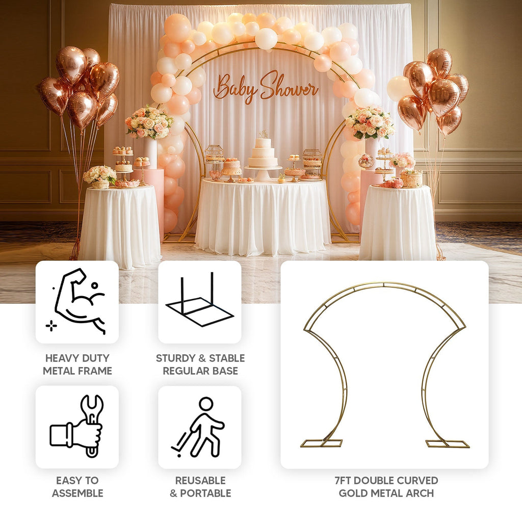 7ft Gold Double - Curved Metal Arch Frame â€“ Backdrop, Balloon & Flower Arrangement Display Stand - Bell Racket Store