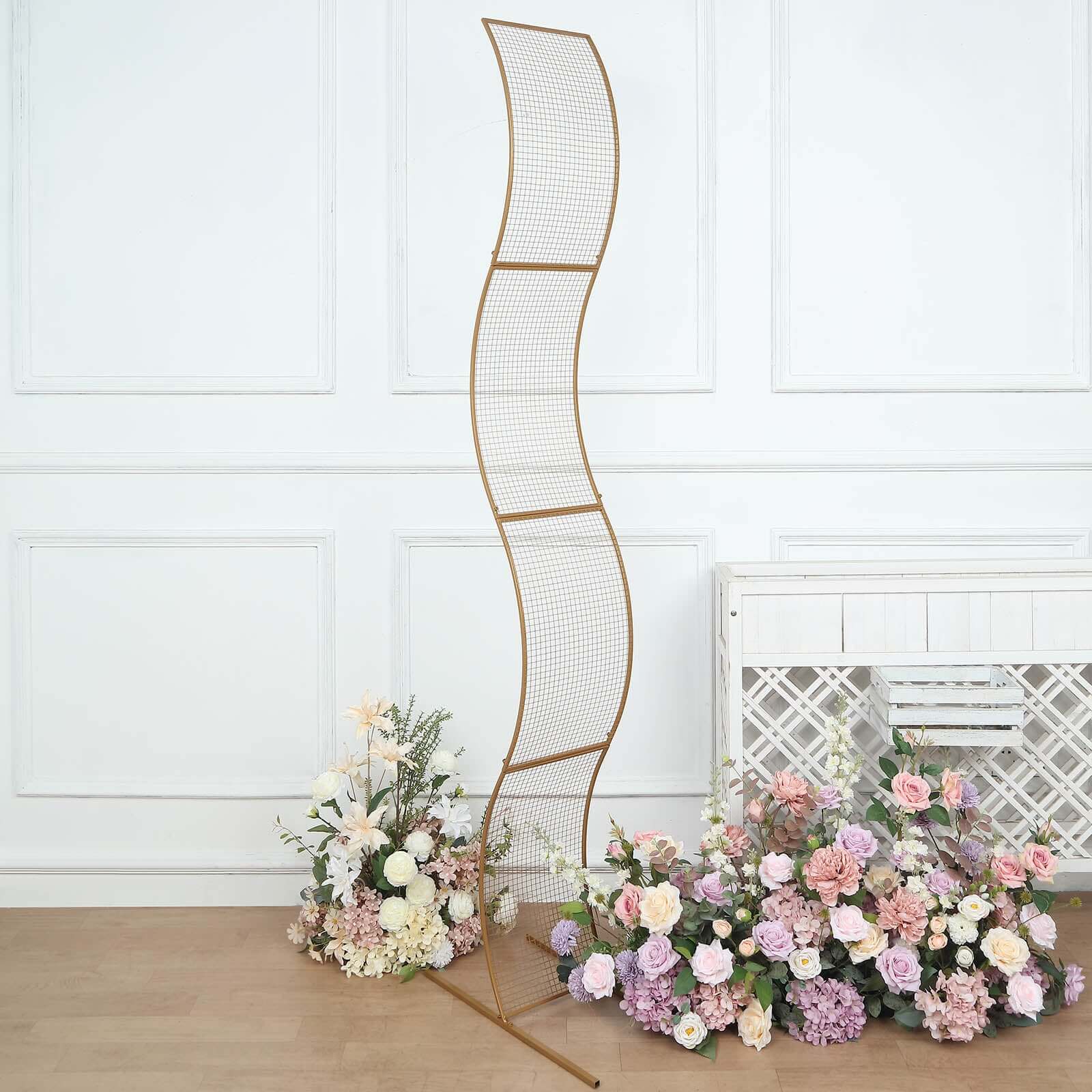 7ft Gold Metal Lattice Grid S - Shaped Wedding Arch Aisle Display Decor, Wavy Flower Frame Backdrop Stand - Bell Racket Store