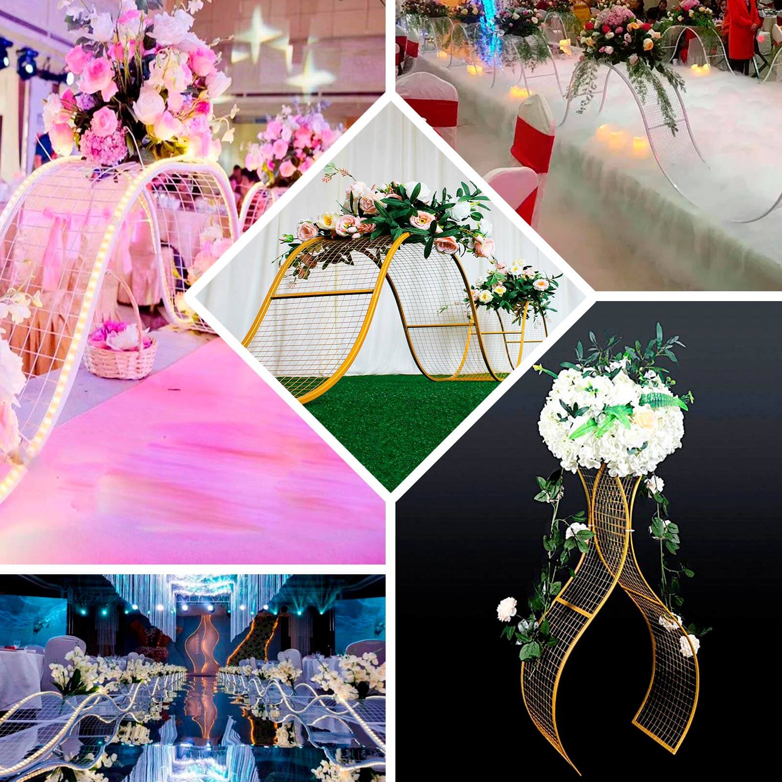 7ft Gold Metal Lattice Grid S - Shaped Wedding Arch Aisle Display Decor, Wavy Flower Frame Backdrop Stand - Bell Racket Store