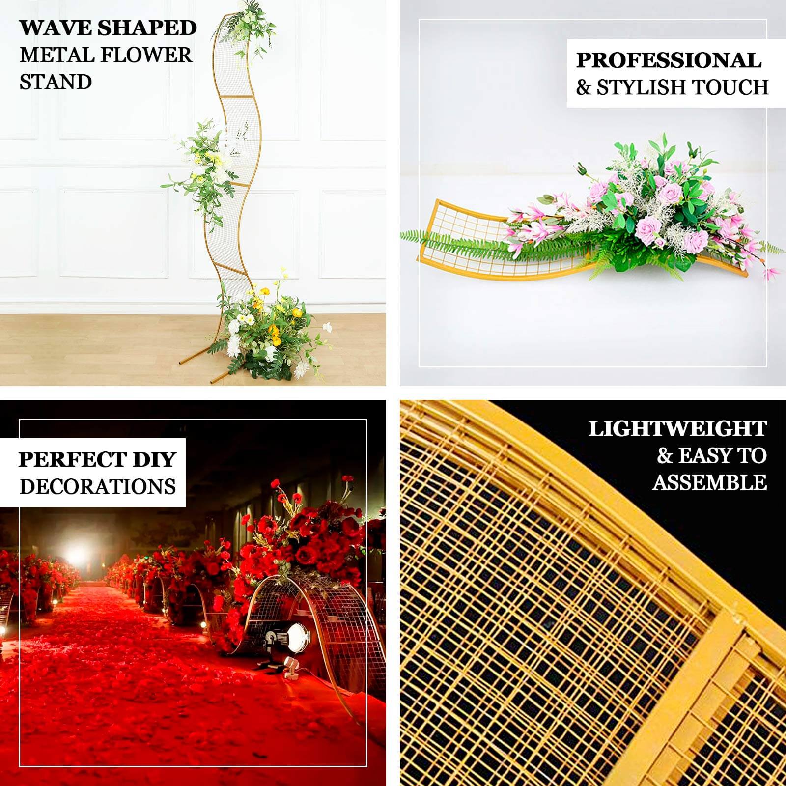 7ft Gold Metal Lattice Grid S - Shaped Wedding Arch Aisle Display Decor, Wavy Flower Frame Backdrop Stand - Bell Racket Store