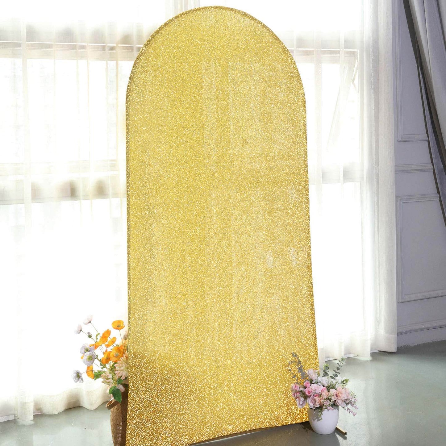 7ft Gold Shimmer Tinsel Spandex Chiara Backdrop Stand Cover For Fitted Round Top Wedding Arch - Bell Racket Store