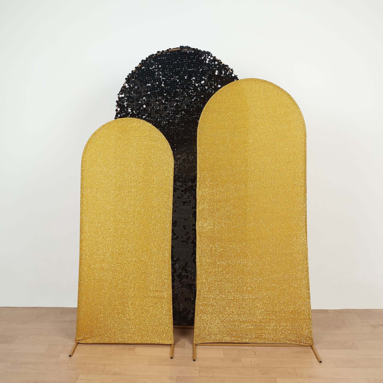 7ft Gold Shimmer Tinsel Spandex Chiara Backdrop Stand Cover For Fitted Round Top Wedding Arch - Bell Racket Store